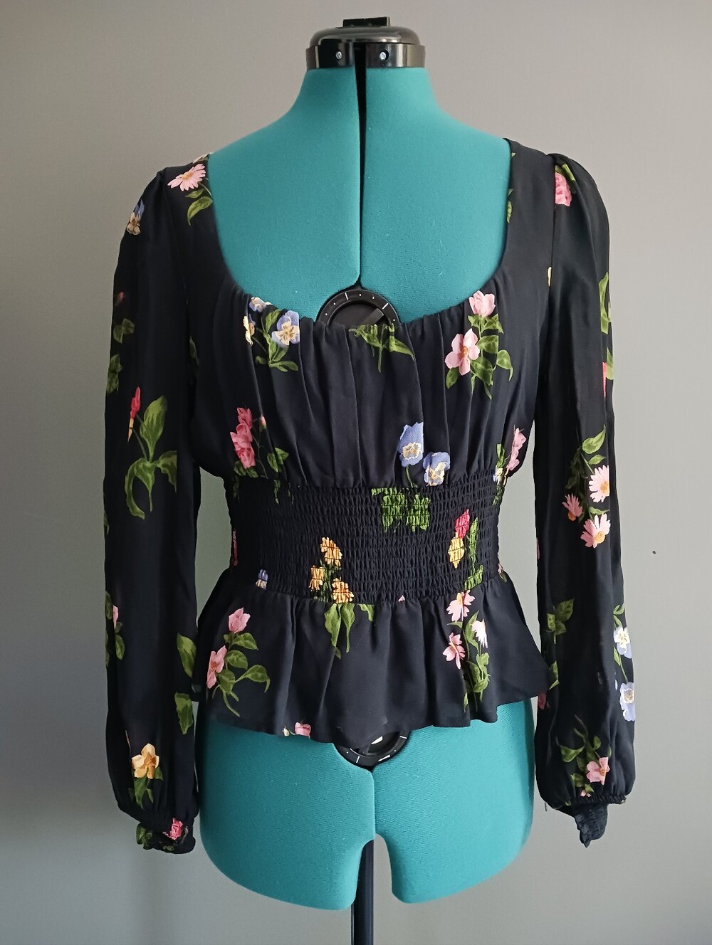 Reformation Floral Print Shirred Waist B8shop Sleeve Ruffle Hem Blouse Size 6